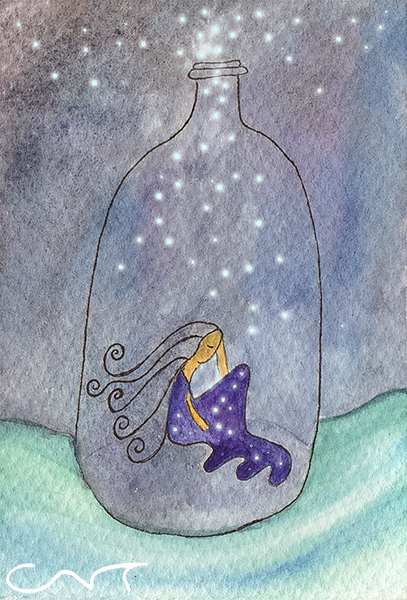 Ilustración acuarela mujer botella mar proyecto blogtella Te cuento de viajes