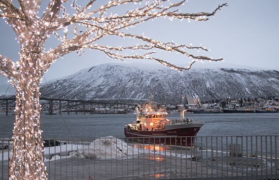 barco pesquero, puente, árbol con luces de navidad, montaña nevada. Tromso 