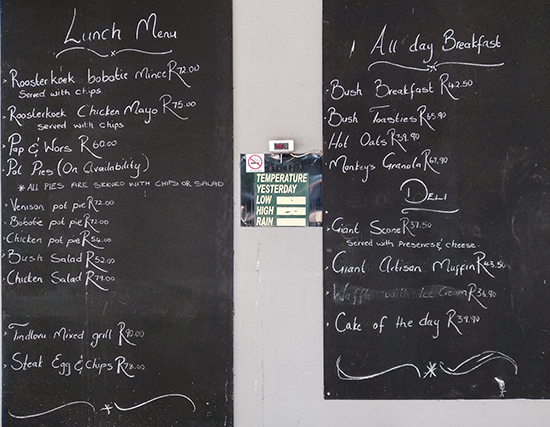 precios bares restaurantes Kruger picnic site Afsaal