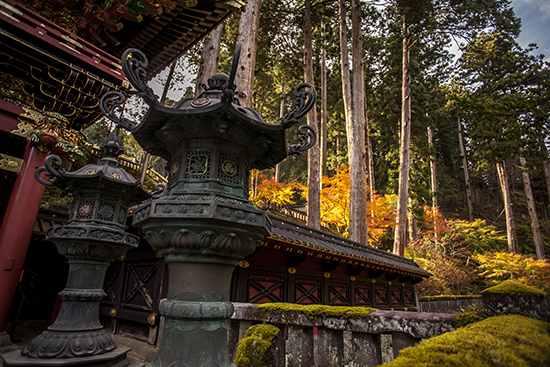 lámparas de piedra en templo y bosque con colores de otoño
