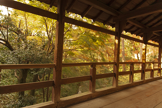 puente de madera, tipo galería. jardines de Kioto