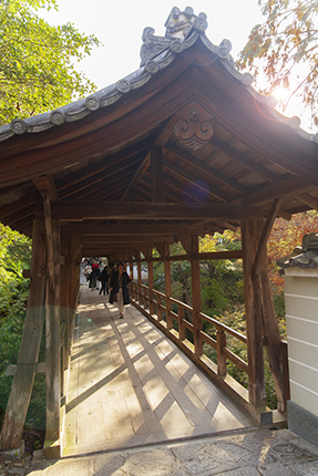 puente de madera, tipo galería. jardines de Kioto